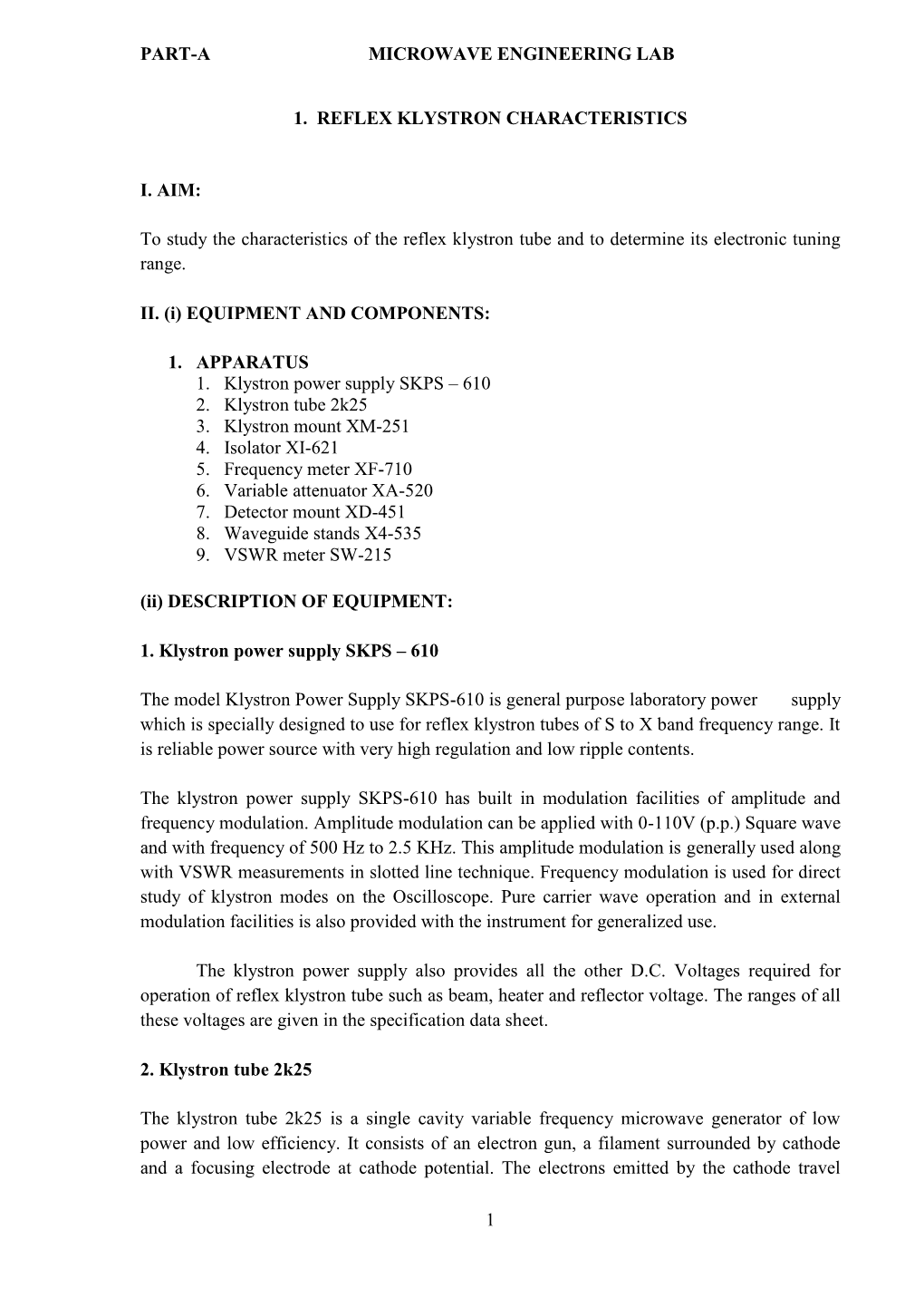 1 Part-A Microwave Engineering Lab 1. Reflex