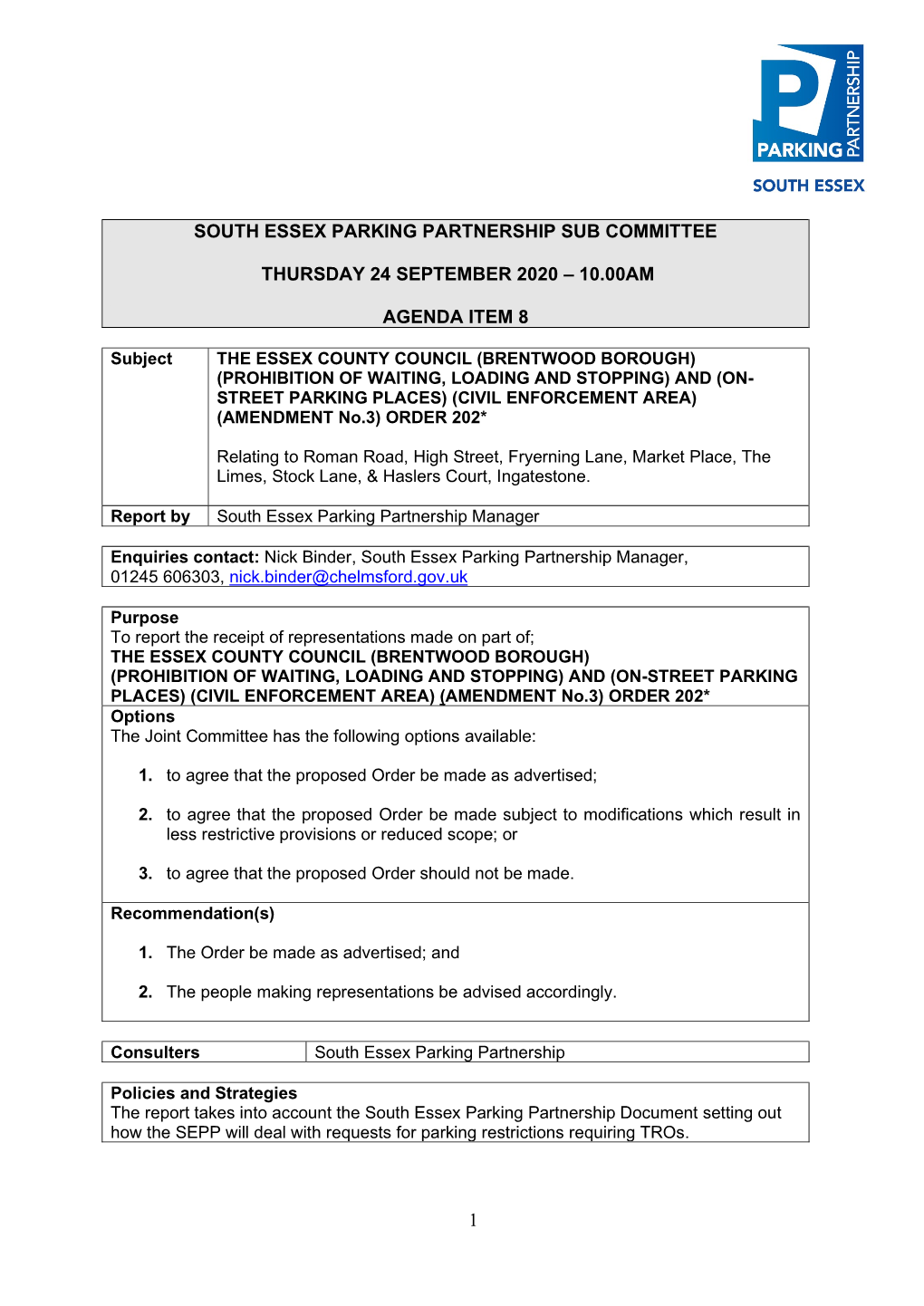 1 South Essex Parking Partnership Sub Committee
