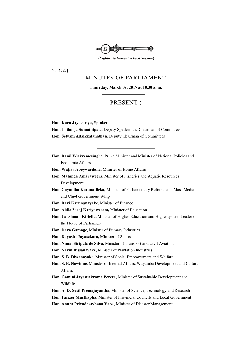 Minutes of Parliament Present