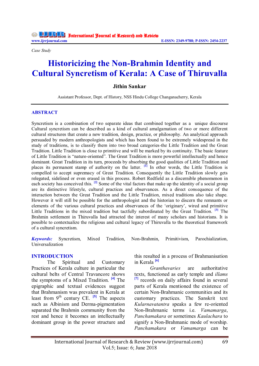 Historicizing the Non-Brahmin Identity and Cultural Syncretism of Kerala: a Case of Thiruvalla