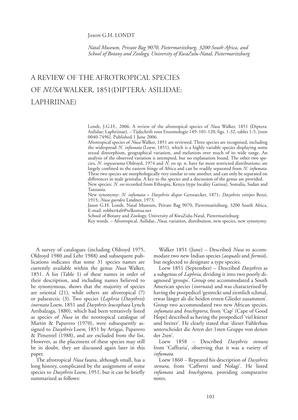 A Review of the Afrotropical Species of Nusa Walker, 1851(Diptera: Asilidae: Laphriinae)