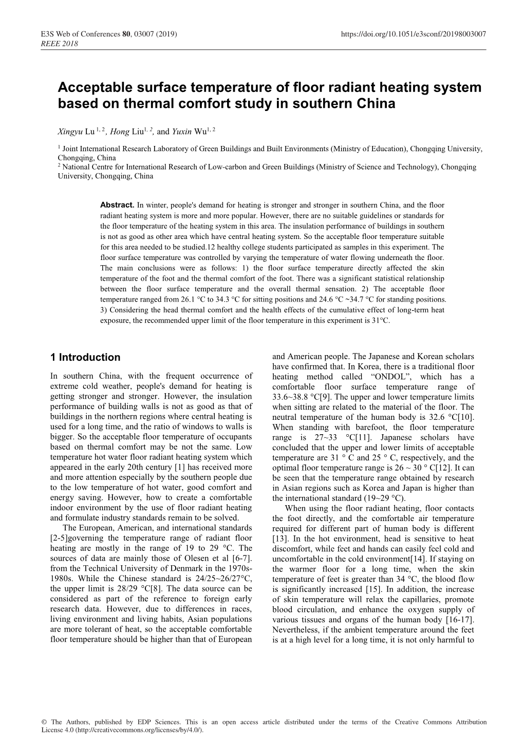 Acceptable Surface Temperature of Floor Radiant Heating System Based on Thermal Comfort Study in Southern China