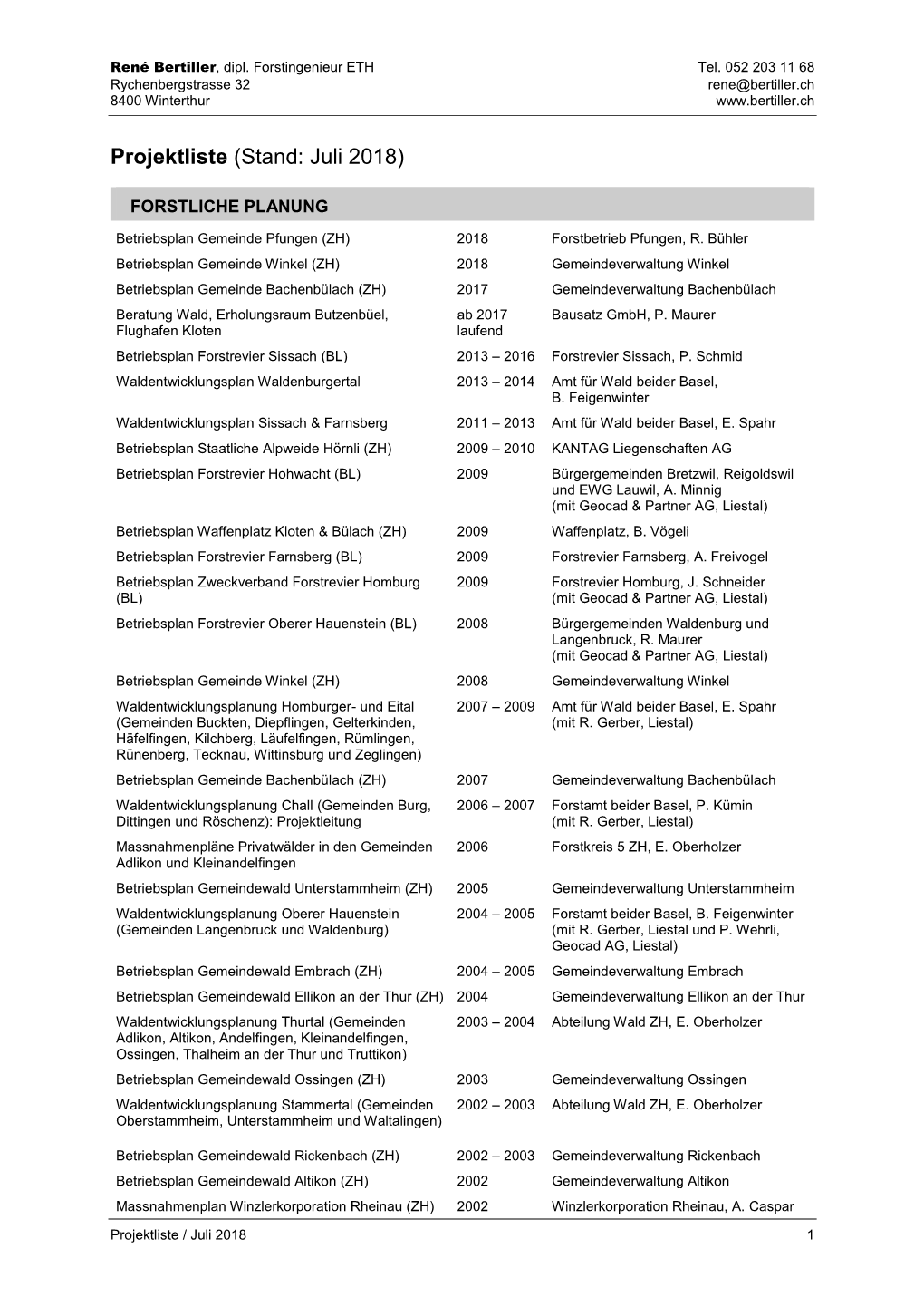 Projektliste (Stand: Juli 2018)