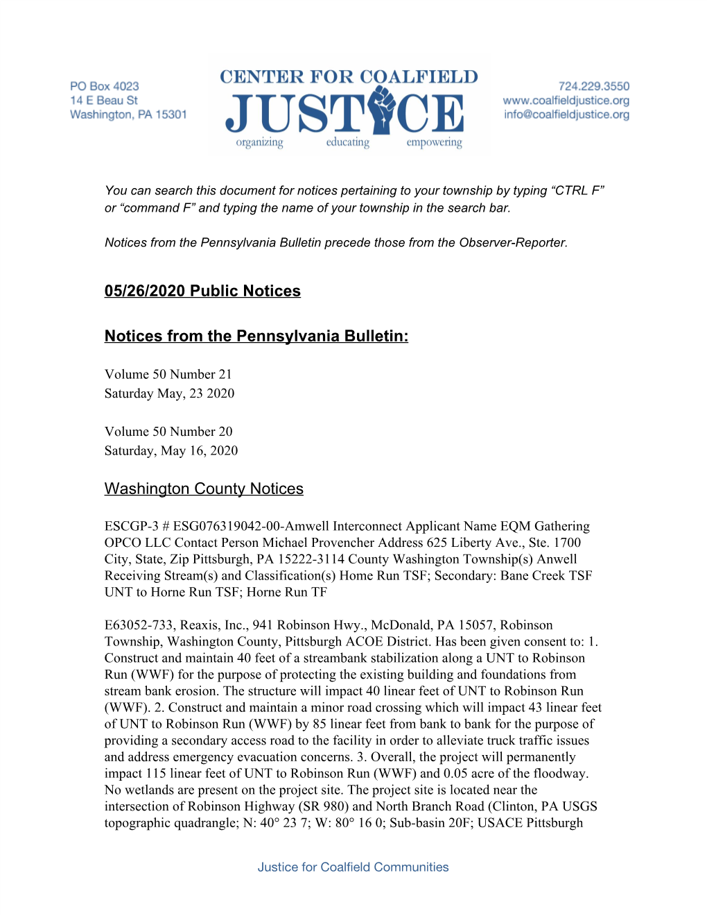 05/26/2020 Public Notices Notices from the Pennsylvania Bulletin