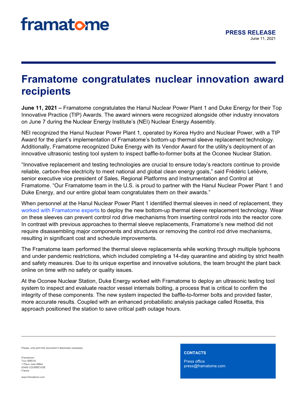 Framatome Technolgies Recognized for TIP Awards