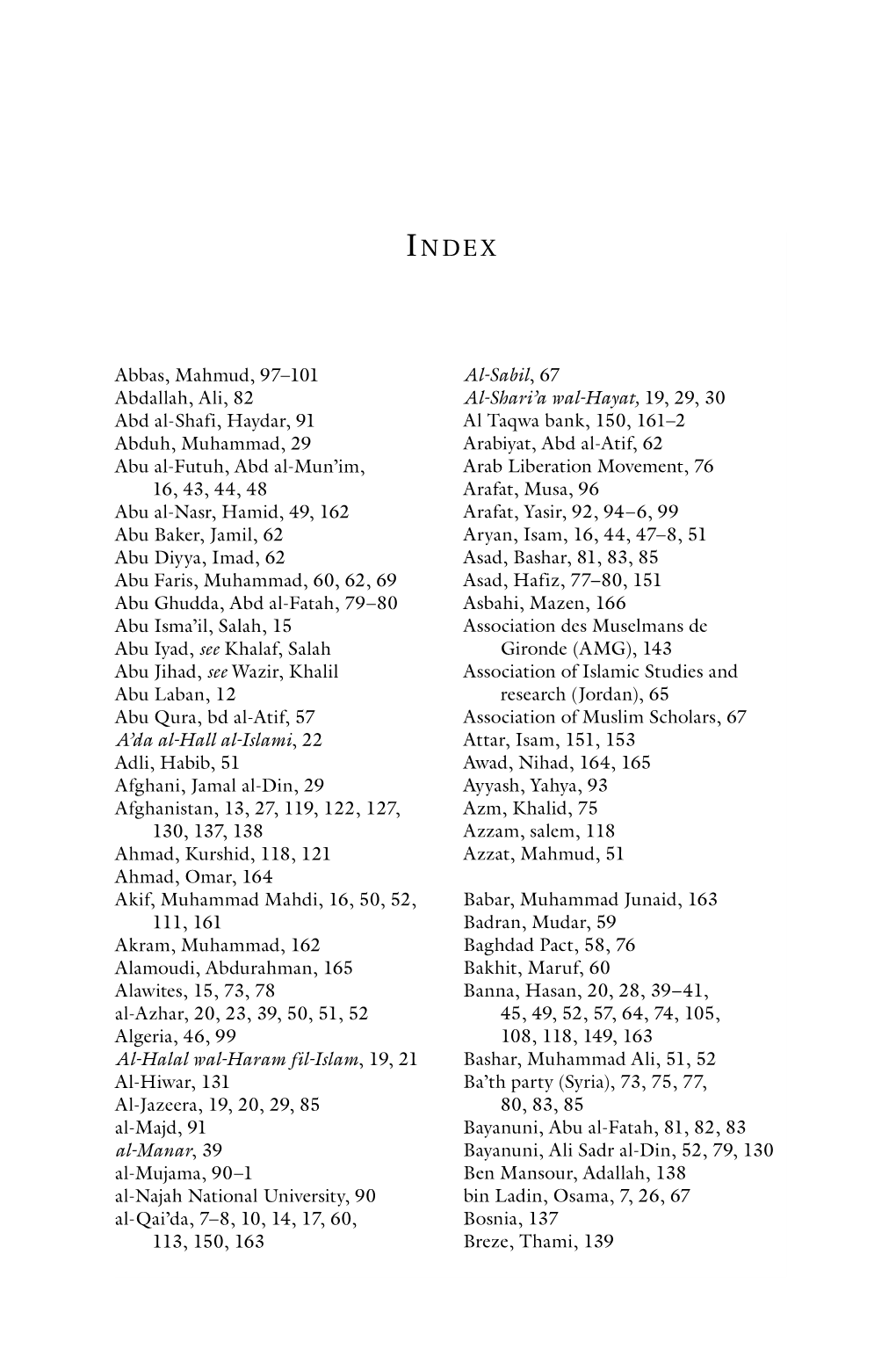 Abbas, Mahmud, 97–101 Abdallah, Ali, 82 Abd Al-Shafi, Haydar, 91 Abduh, Muhammad, 29 Abu Al-Futuh, Abd Al-Mun'im, 16, 43, 44