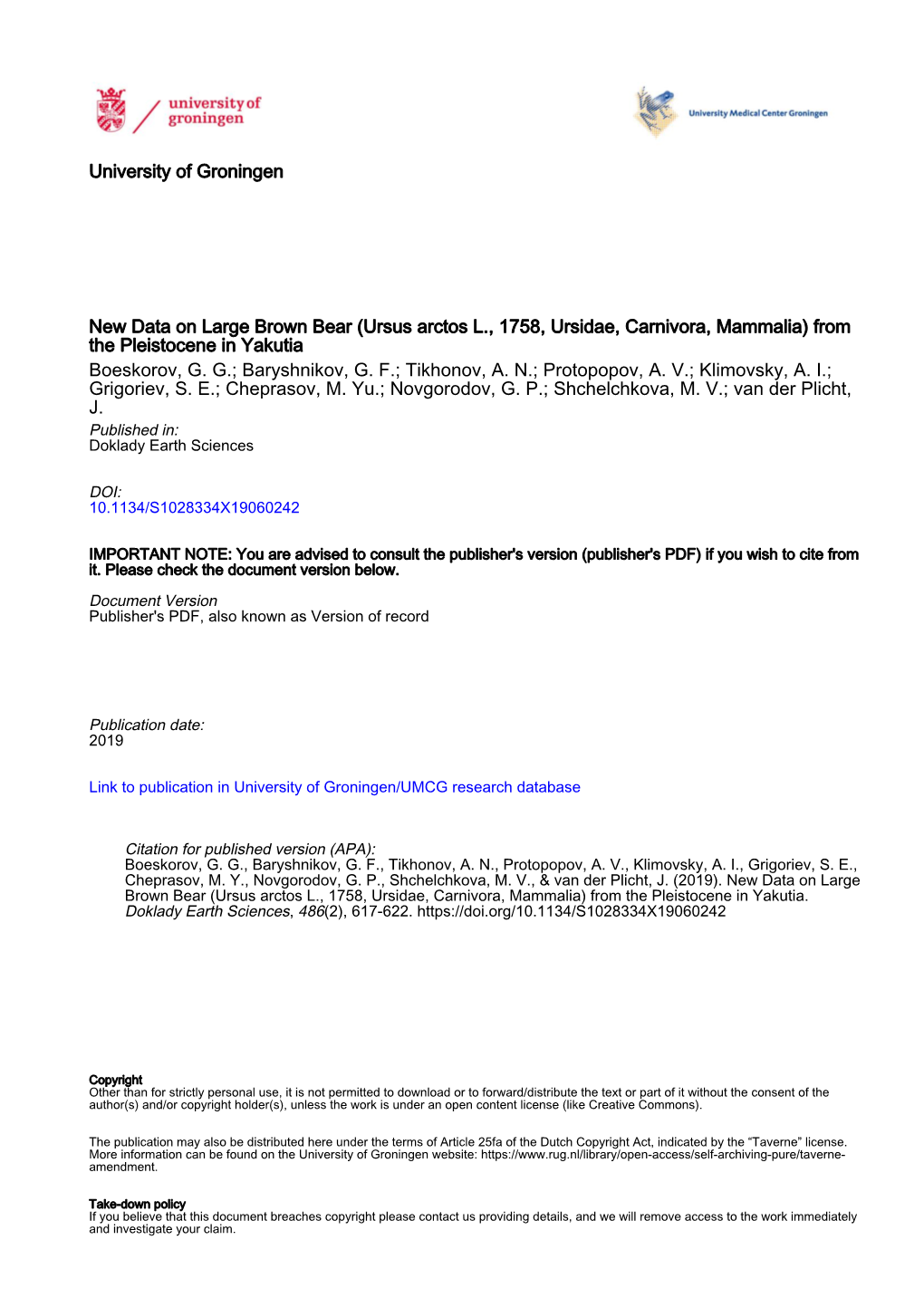 Ursus Arctos L., 1758, Ursidae, Carnivora, Mammalia) from the Pleistocene in Yakutia Boeskorov, G