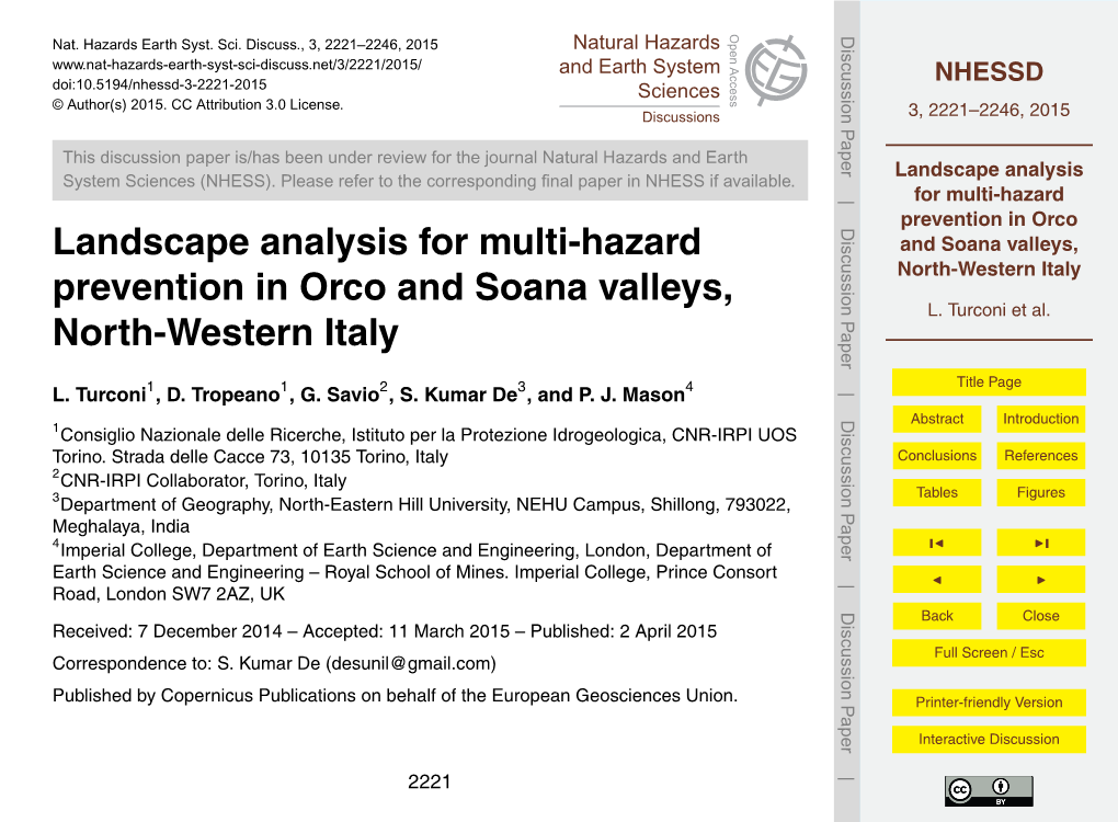 Landscape Analysis for Multi-Hazard Prevention in Orco and Soana Valleys, North-Western Italy