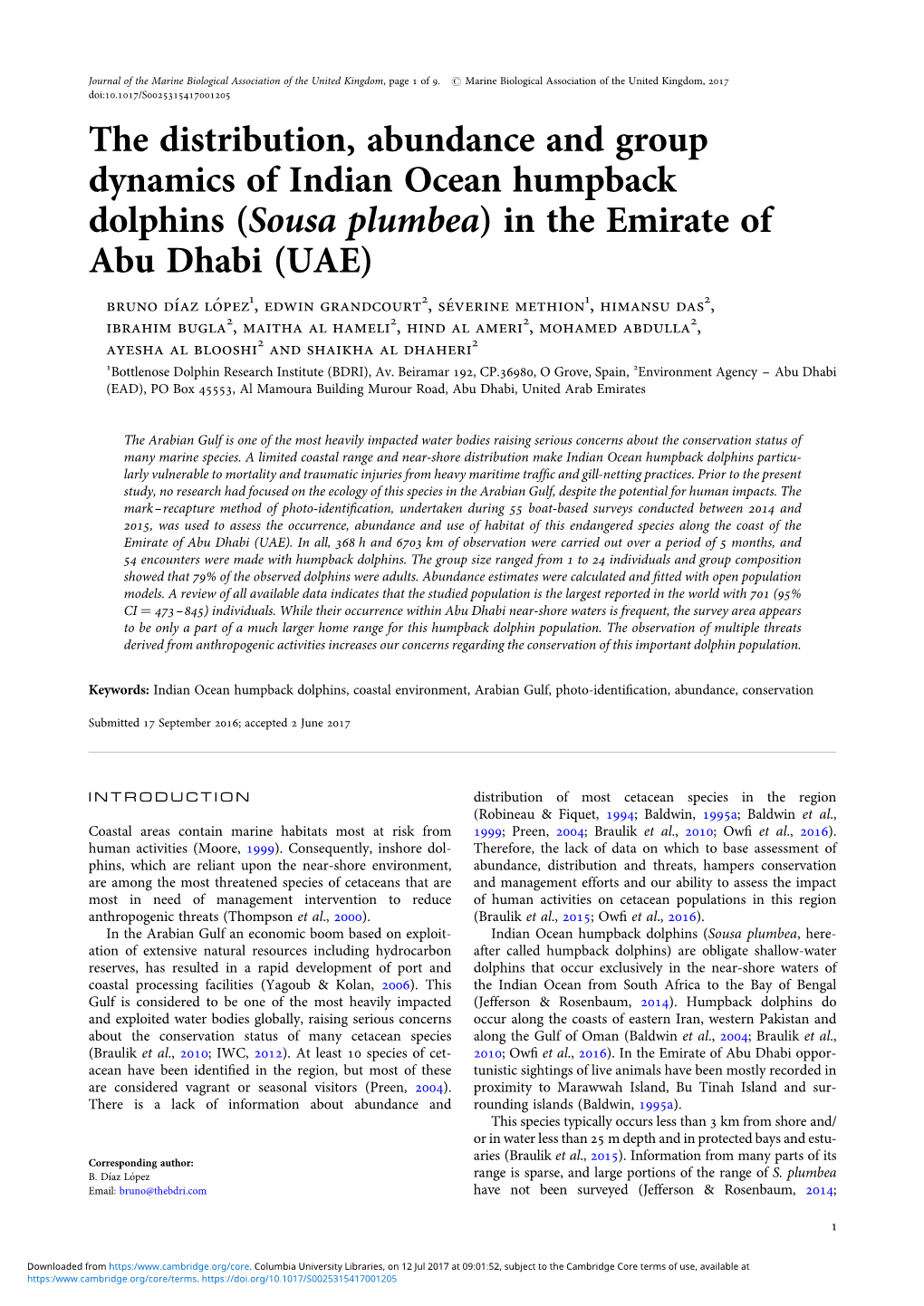 (Sousa Plumbea) in the Emirate of Abu Dhabi