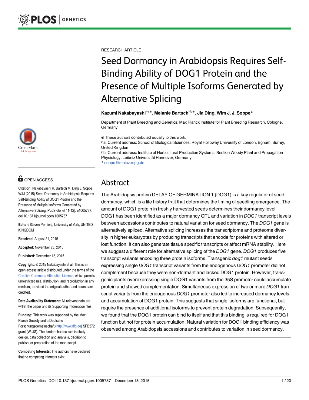 Seed Dormancy in Arabidopsis Requires Self-Binding Ability Of
