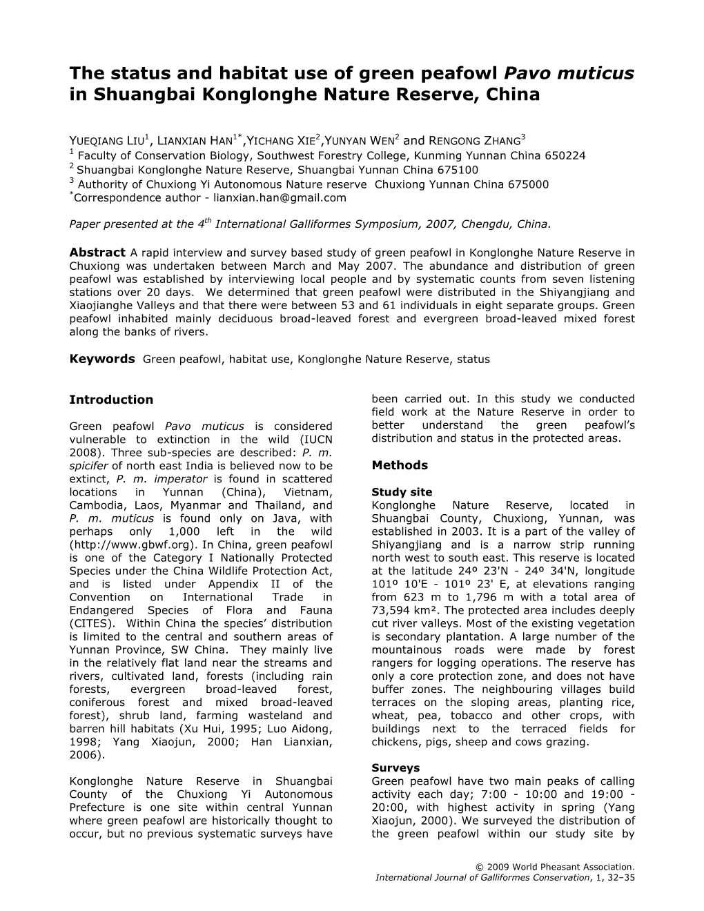 The Status and Habitat Use of Green Peafowl Pavo Muticus in Shuangbai Konglonghe Nature Reserve, China