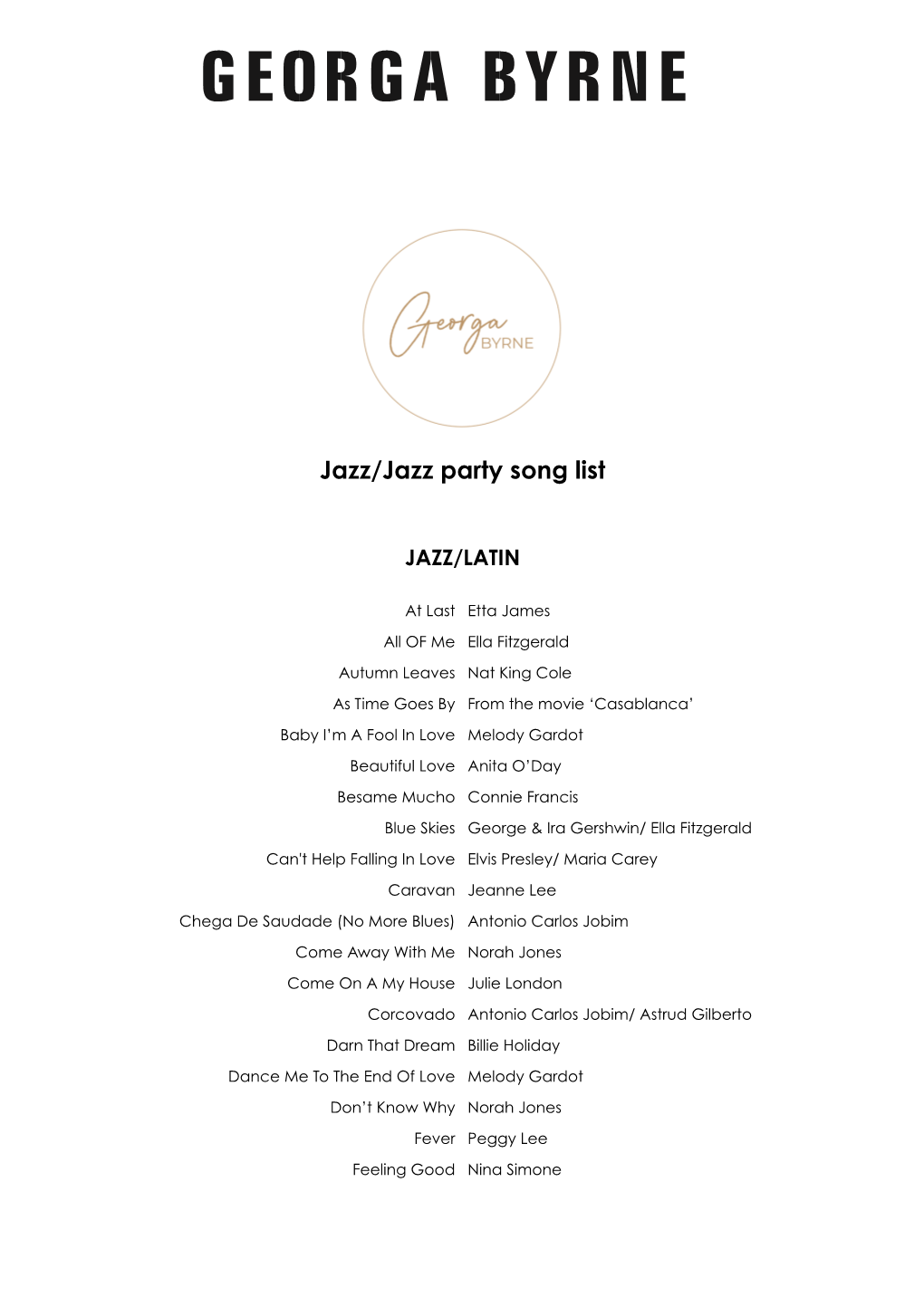 Georga Byrne Jazzparty Song List 2021