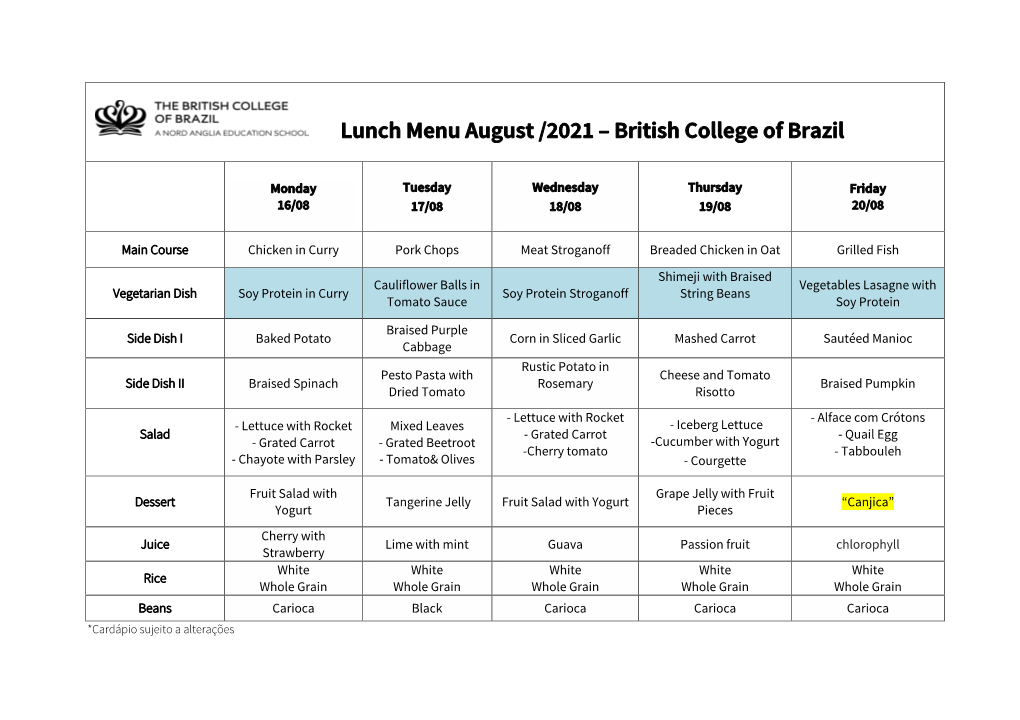 Lunch Menu August /2021 – British College of Brazil