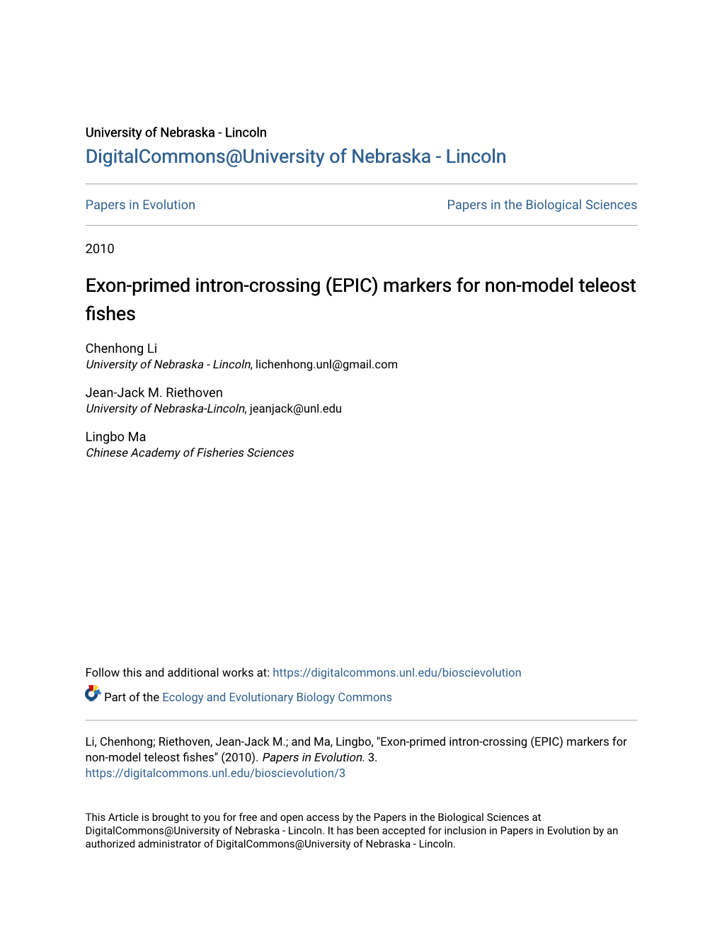 Exon-Primed Intron-Crossing (EPIC) Markers for Non-Model Teleost Fishes