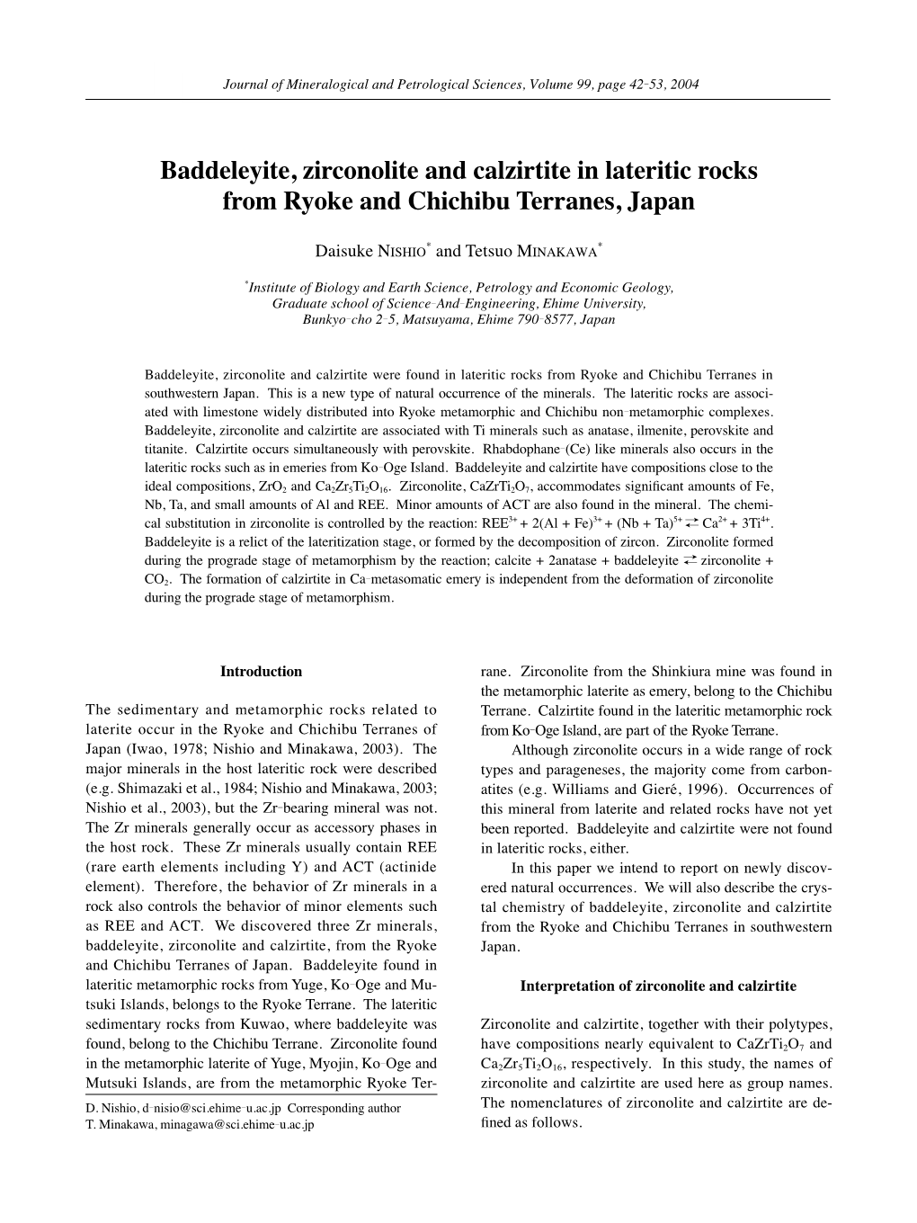 Baddeleyite, Zirconolite and Calzirtite in Lateritic Rocks from Ryoke and Chichibu Terranes, Japan