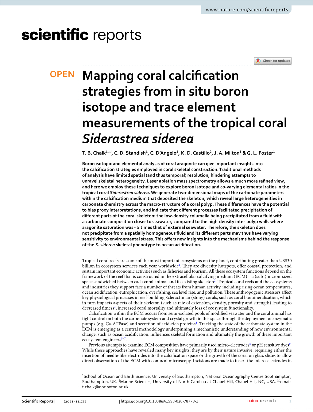 Mapping Coral Calcification Strategies from in Situ Boron Isotope and Trace