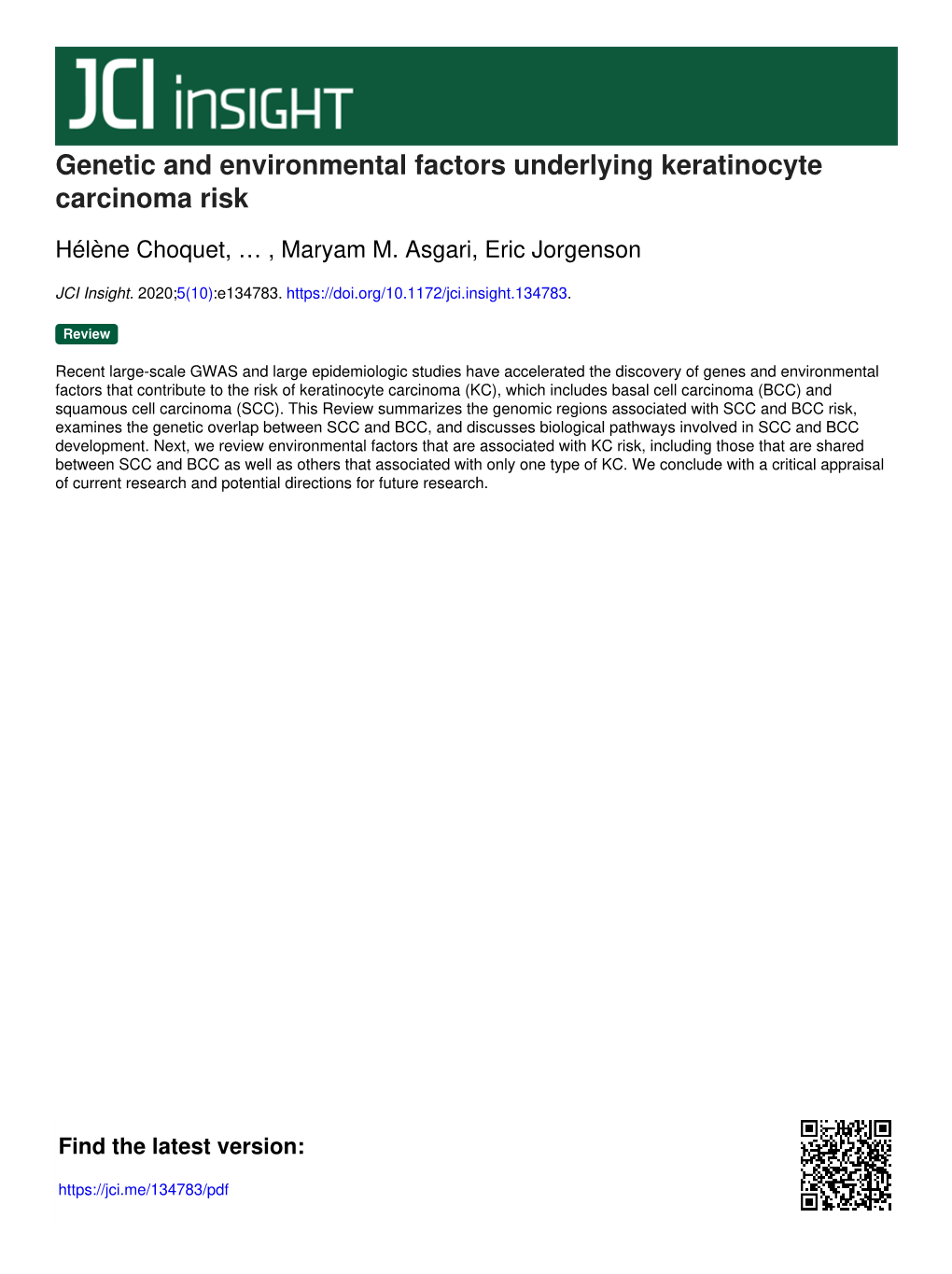 Genetic and Environmental Factors Underlying Keratinocyte Carcinoma Risk