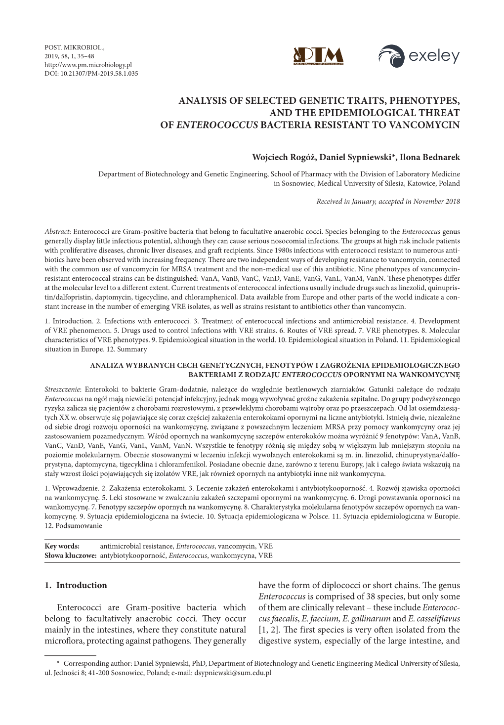 Analysis of Selected Genetic Traits, Phenotypes, and the Epidemiological Threat of Enterococcus Bacteria Resistant to Vancomycin