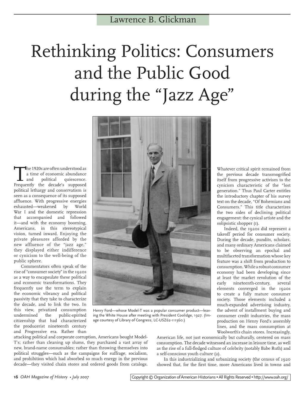 Rethinking Politics: Consumers and the Public Good During the “Jazz Age”