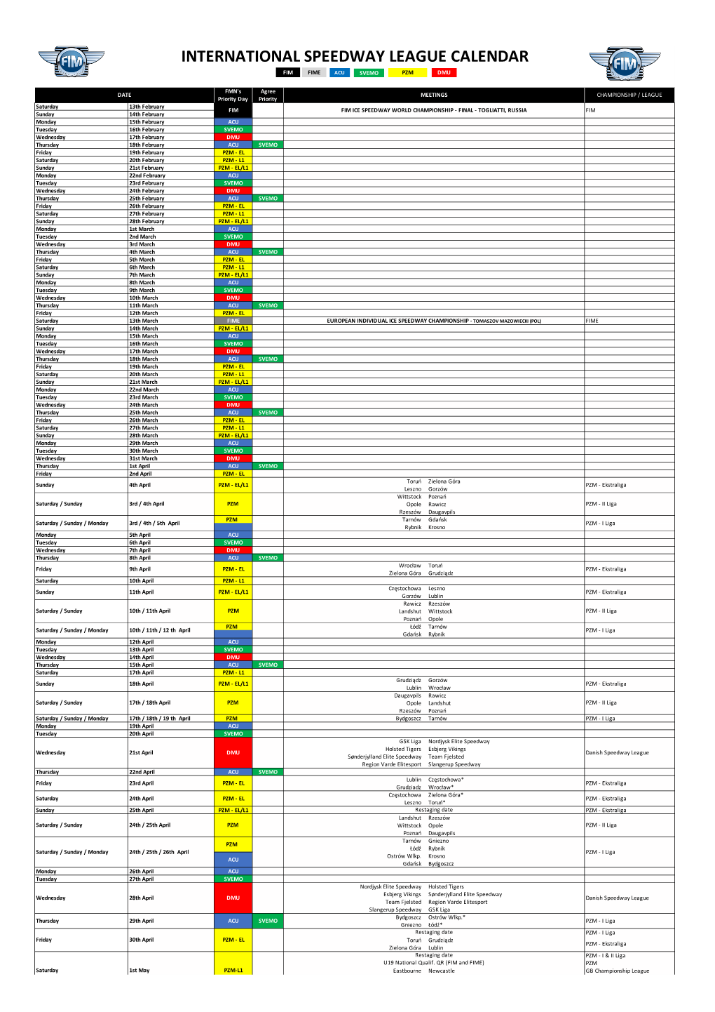 2021 International Speedway League Calendar 28.04.2021