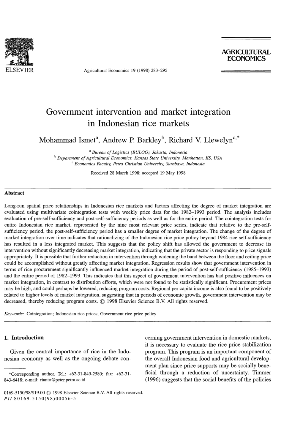 Government Intervention and Market Integration in Indonesian Rice Markets