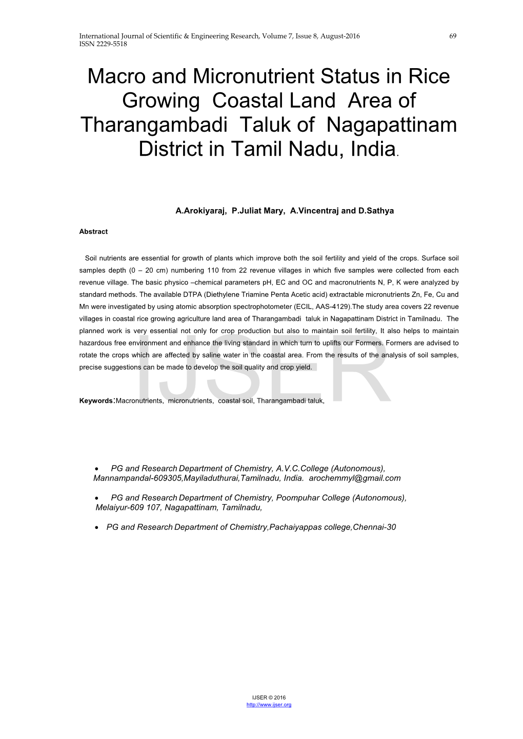 Macro and Micronutrient Status in Rice Growing Coastal Land Area of Tharangambadi Taluk of Nagapattinam District in Tamil Nadu, India