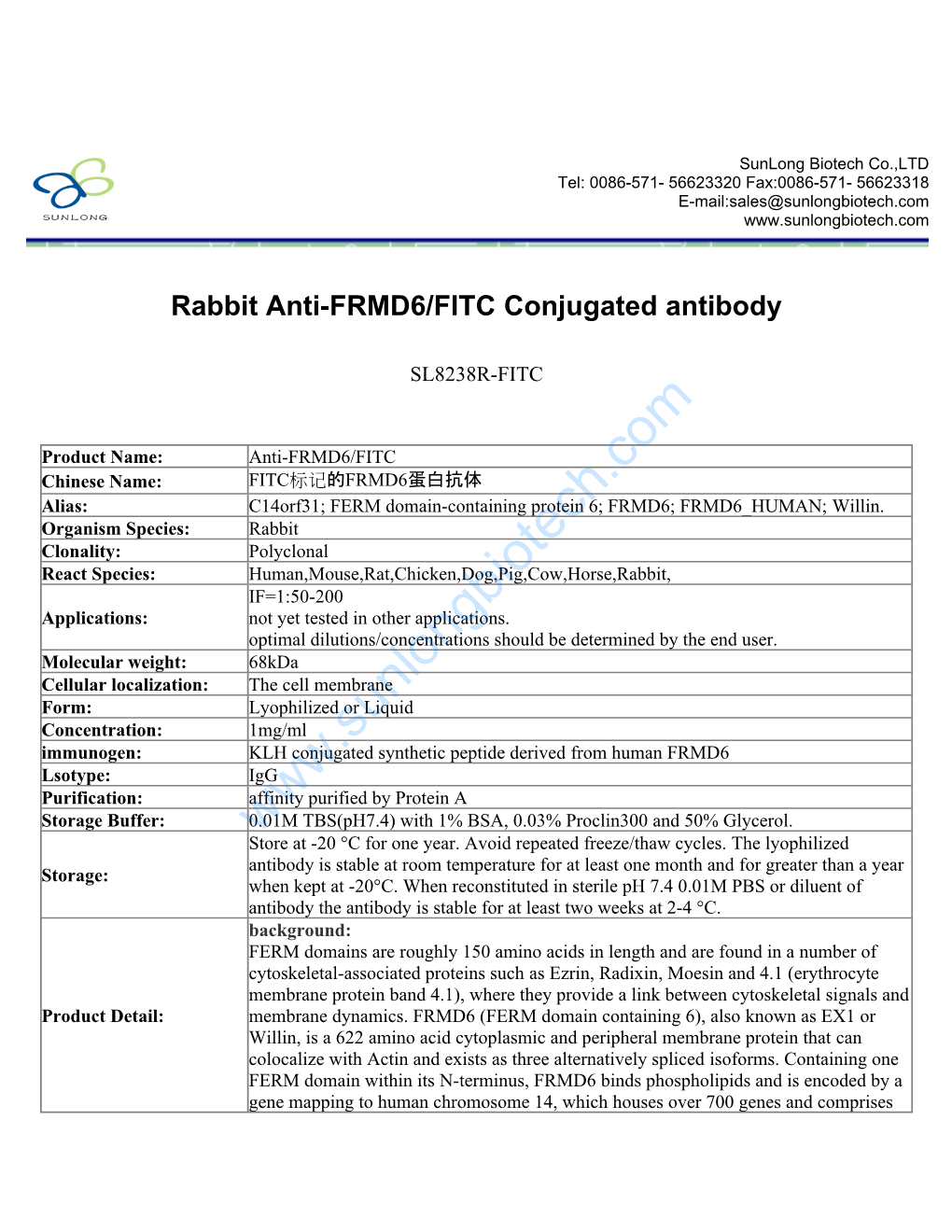 Rabbit Anti-FRMD6/FITC Conjugated Antibody