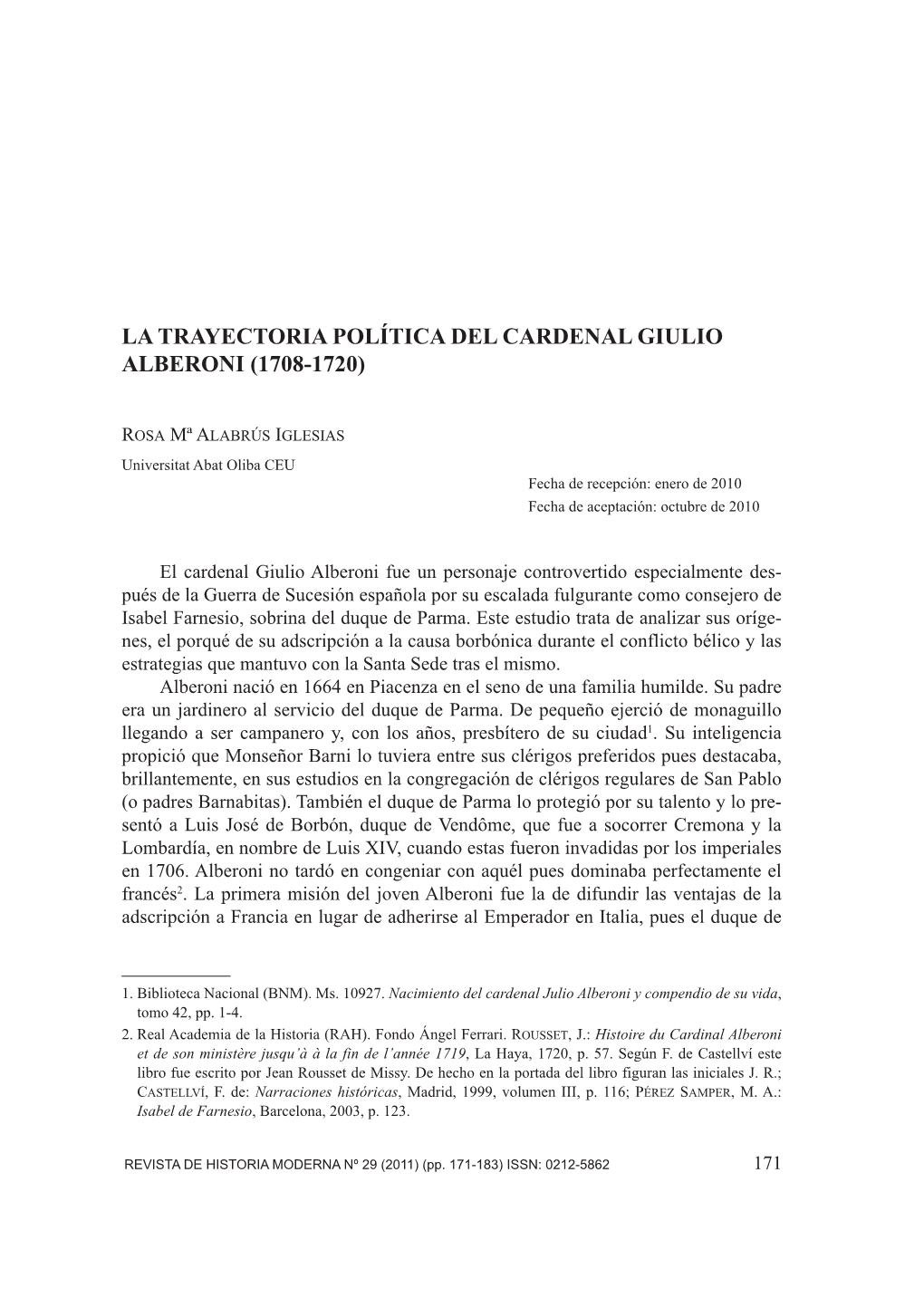 La Trayectoria Política Del Cardenal Giulio Alberoni (1708-1720)