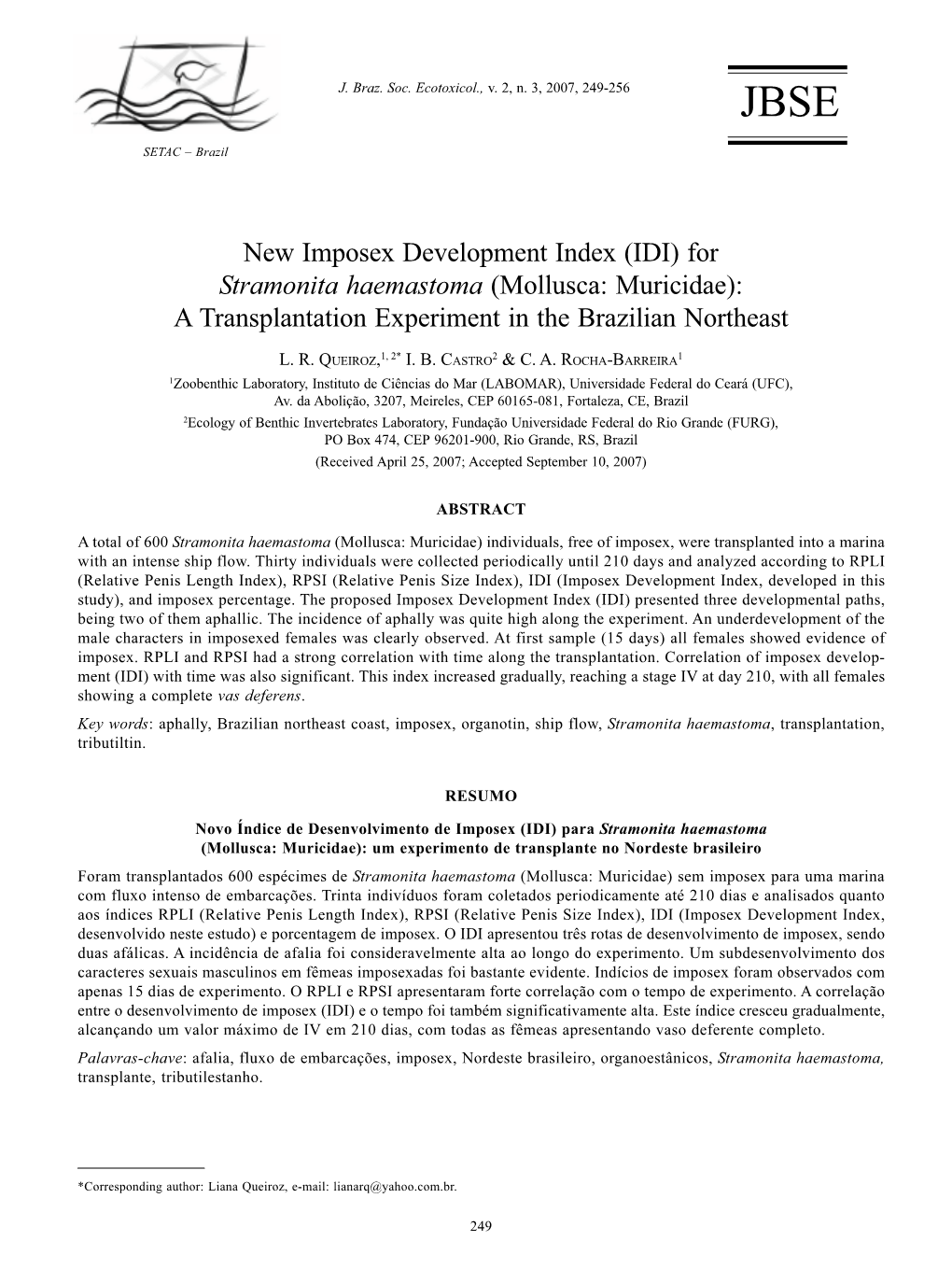 For Stramonita Haemastoma (Mollusca: Muricidae): a Transplantation Experiment in the Brazilian Northeast