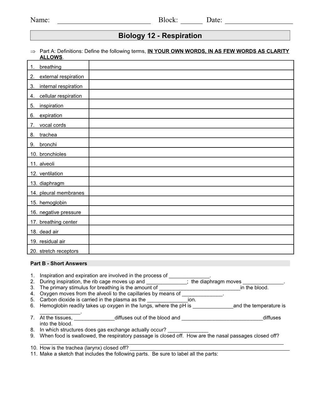 Biology 12 - Respiration