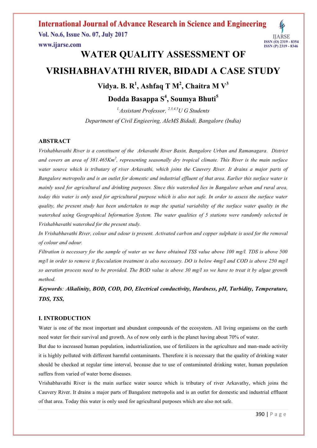 WATER QUALITY ASSESSMENT of VRISHABHAVATHI RIVER, BIDADI a CASE STUDY Vidya