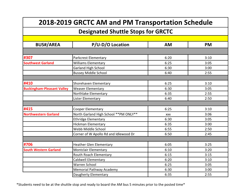 2018-2019 GRCTC AM and PM Transportation Schedule Designated Shuttle Stops for GRCTC