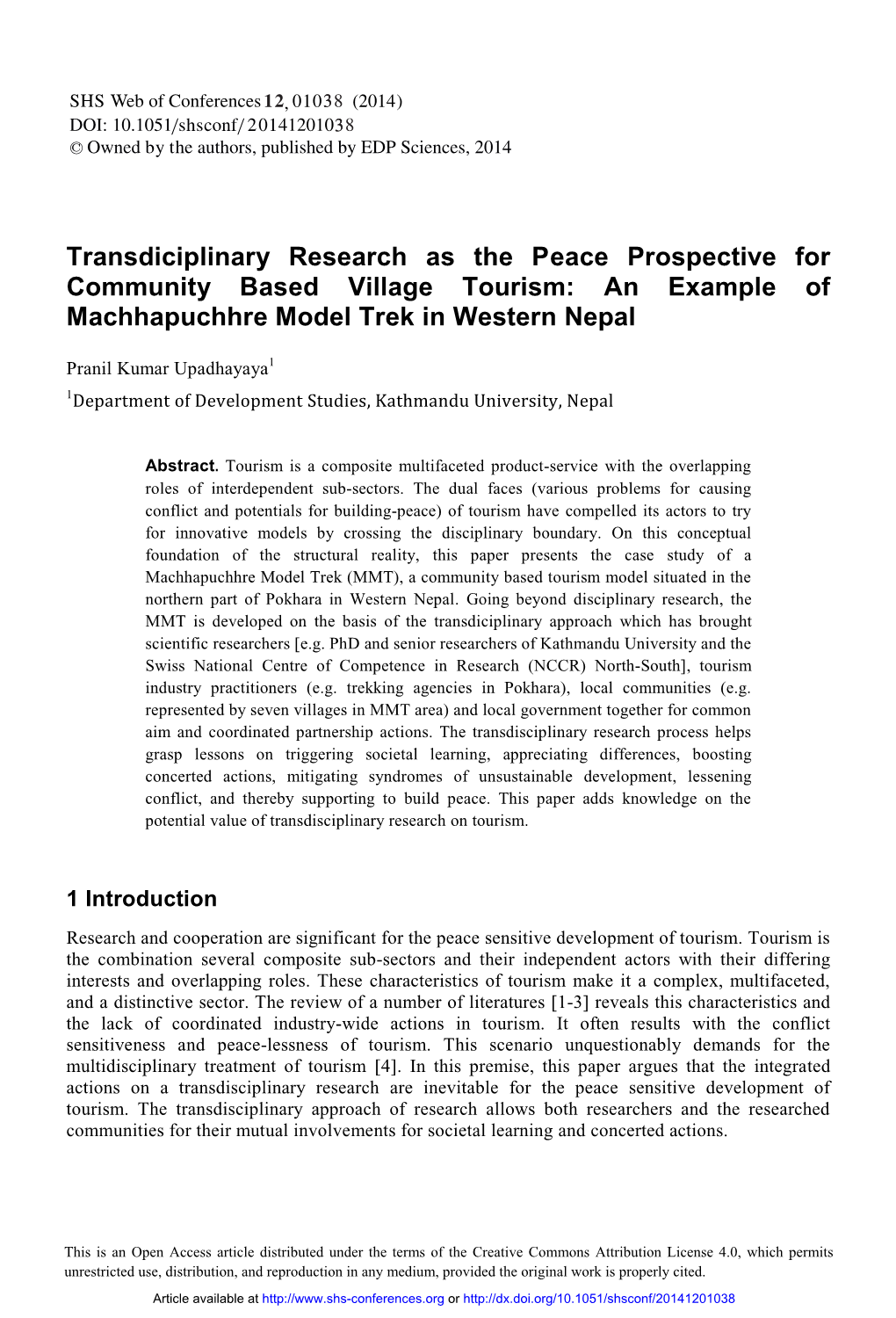 Transdiciplinary Research As the Peace Prospective for Community Based Village Tourism: an Example of Machhapuchhre Model Trek in Western Nepal