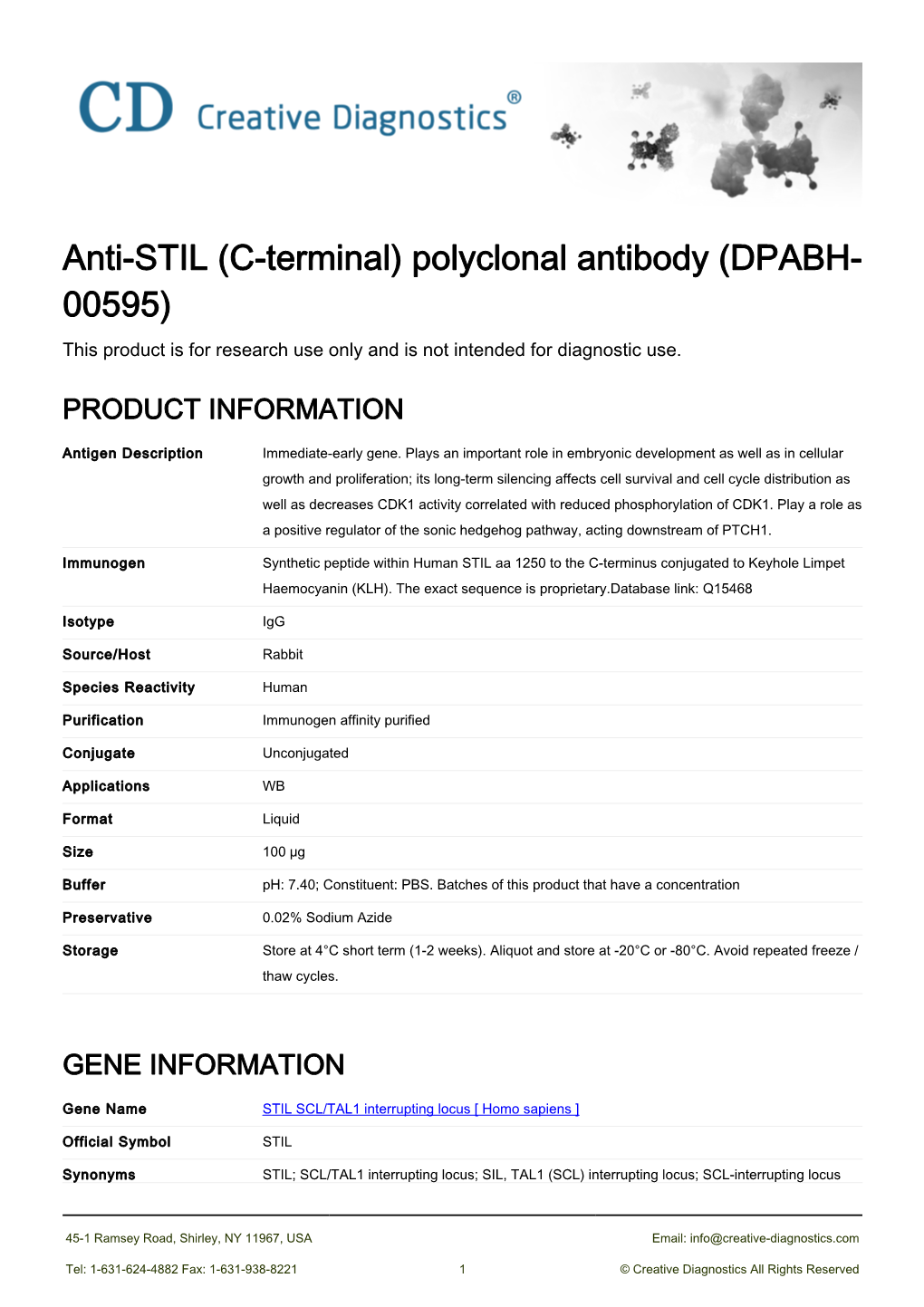 Anti-STIL (C-Terminal) Polyclonal Antibody (DPABH- 00595) This Product Is for Research Use Only and Is Not Intended for Diagnostic Use