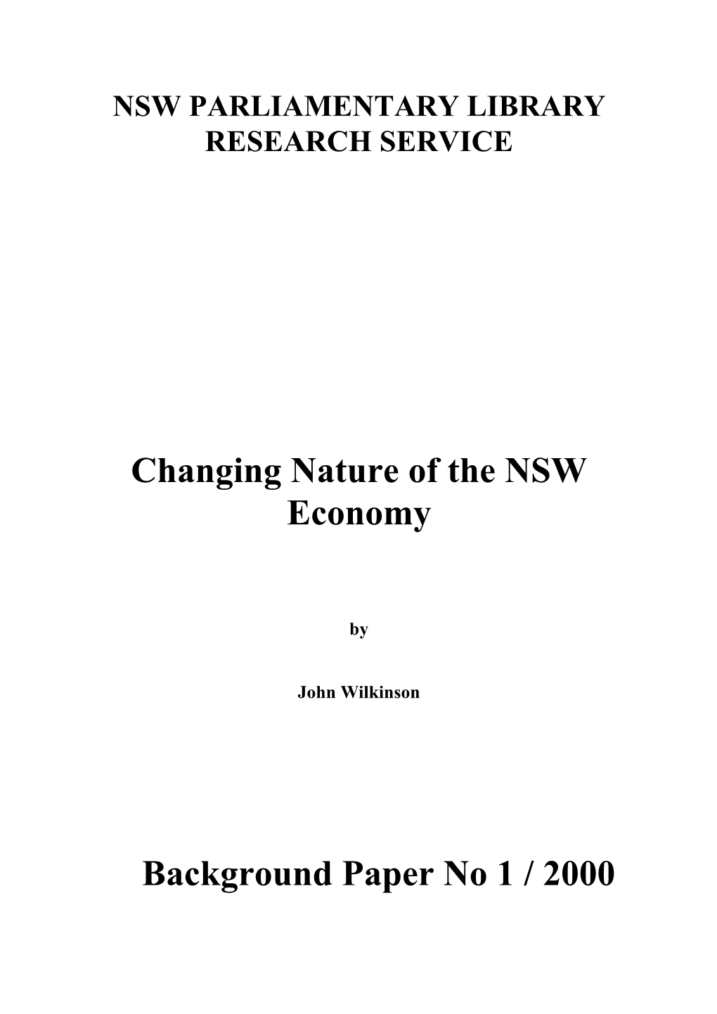 Changing Nature of the NSW Economy Background Paper No 1