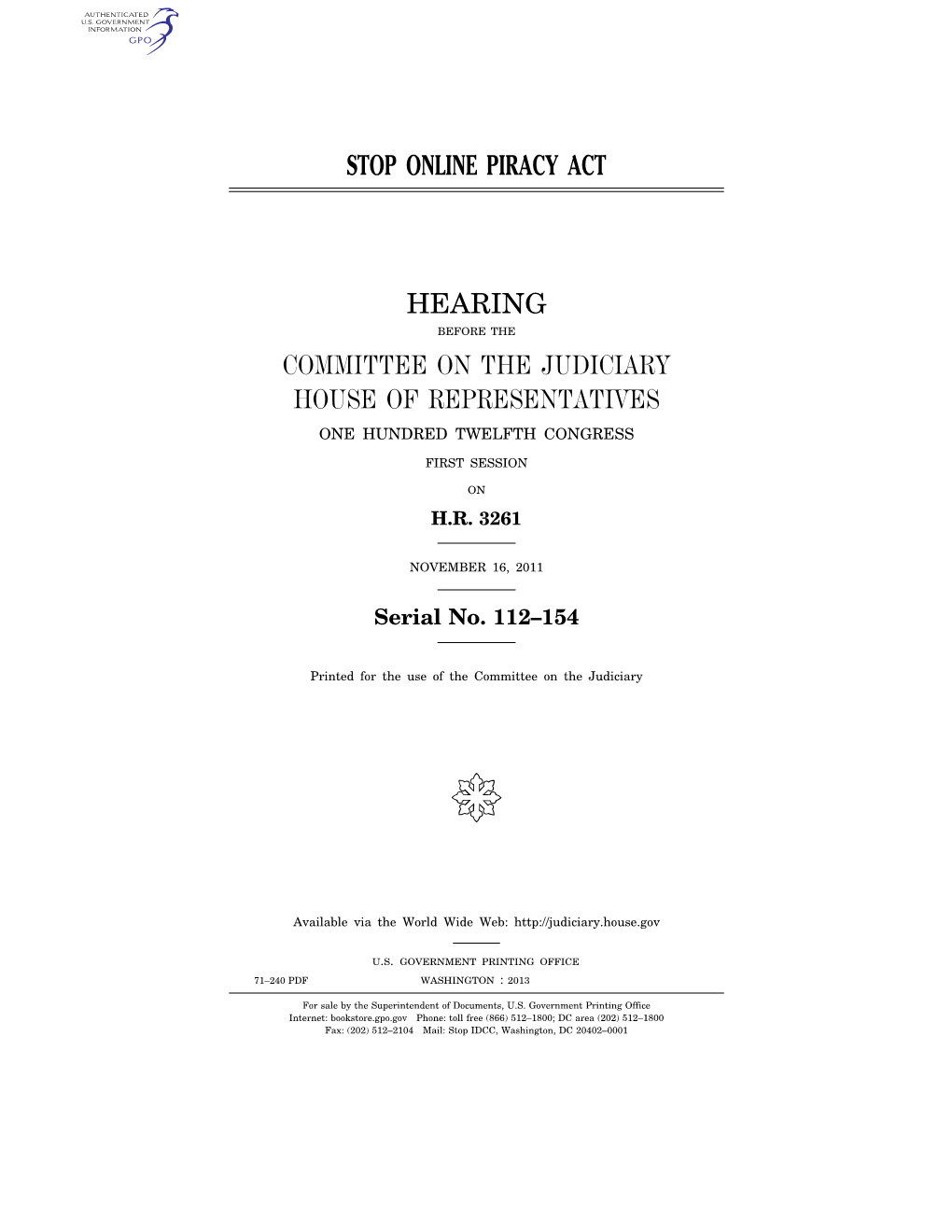 Stop Online Piracy Act Hearing Committee on The