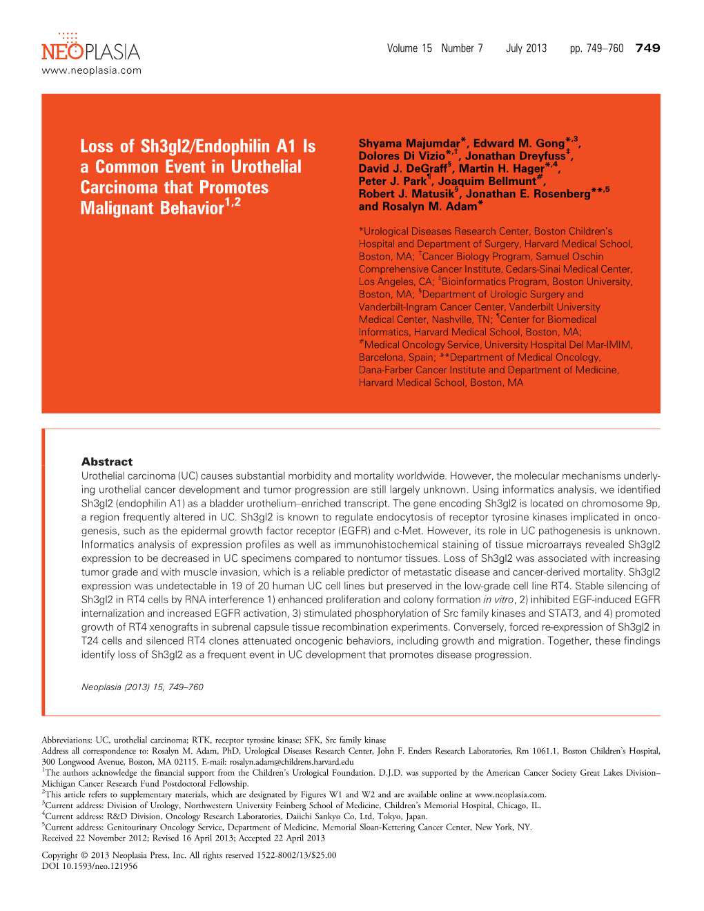 Loss of Sh3gl2/Endophilin A1 Is a Common Event in Urothelial