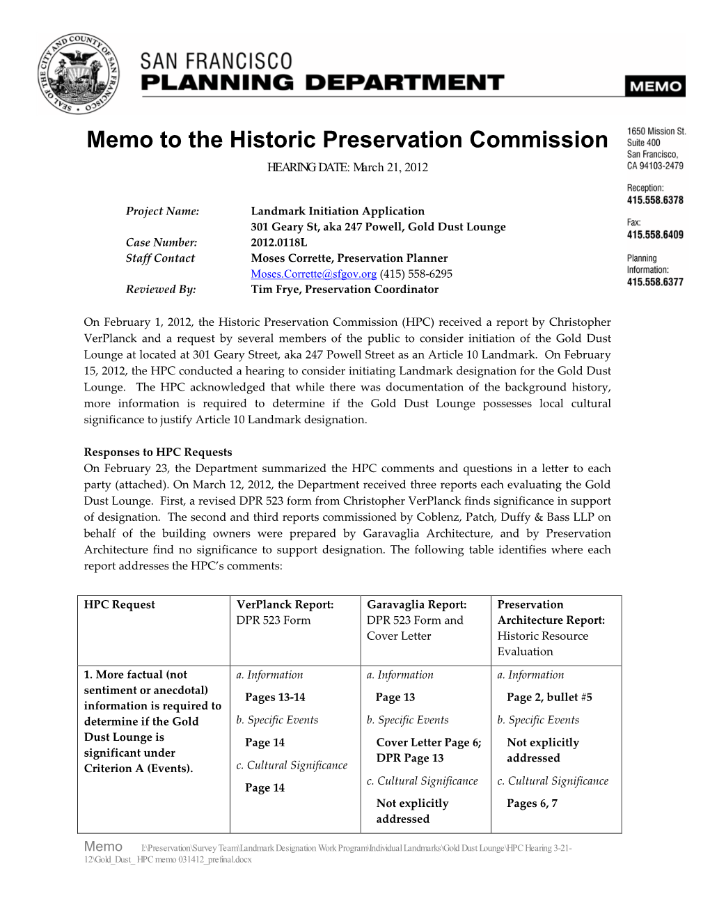 Memo to the Historic Preservation Commission HEARING DATE: March 21, 2012