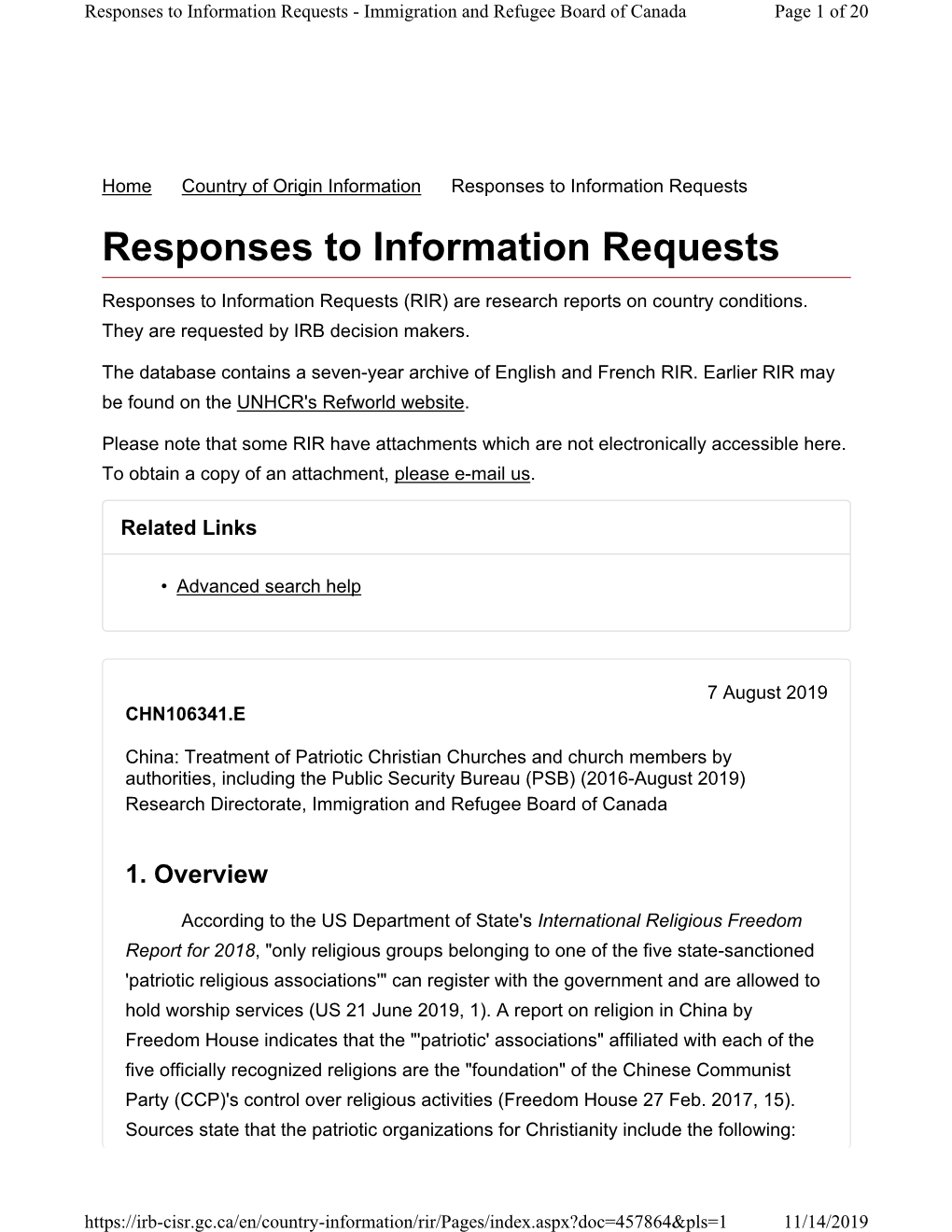 Responses to Information Requests - Immigration and Refugee Board of Canada Page 1 of 20