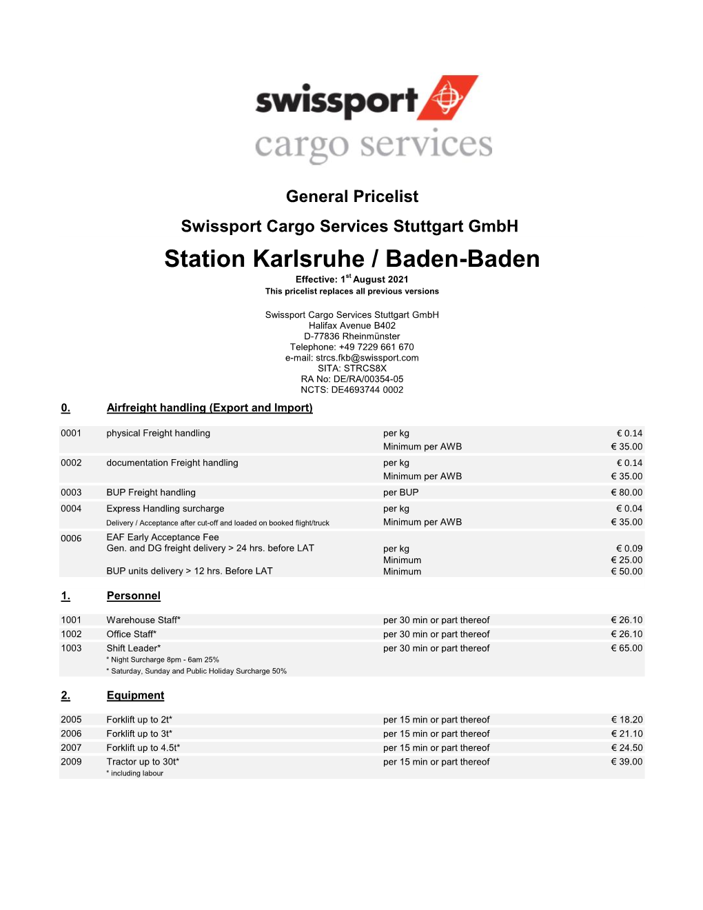 Station Karlsruhe / Baden-Baden Effective: 1St August 2021 This Pricelist Replaces All Previous Versions