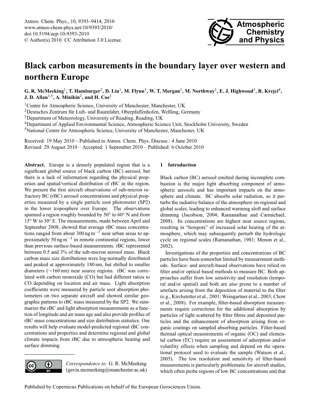 Black Carbon Measurements in the Boundary Layer Over Western and Northern Europe