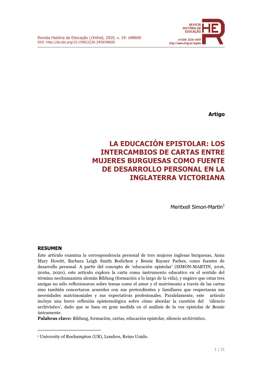 La Educación Epistolar: Los Intercambios De Cartas Entre Mujeres Burguesas Como Fuente De Desarrollo Personal En La Inglaterra Victoriana