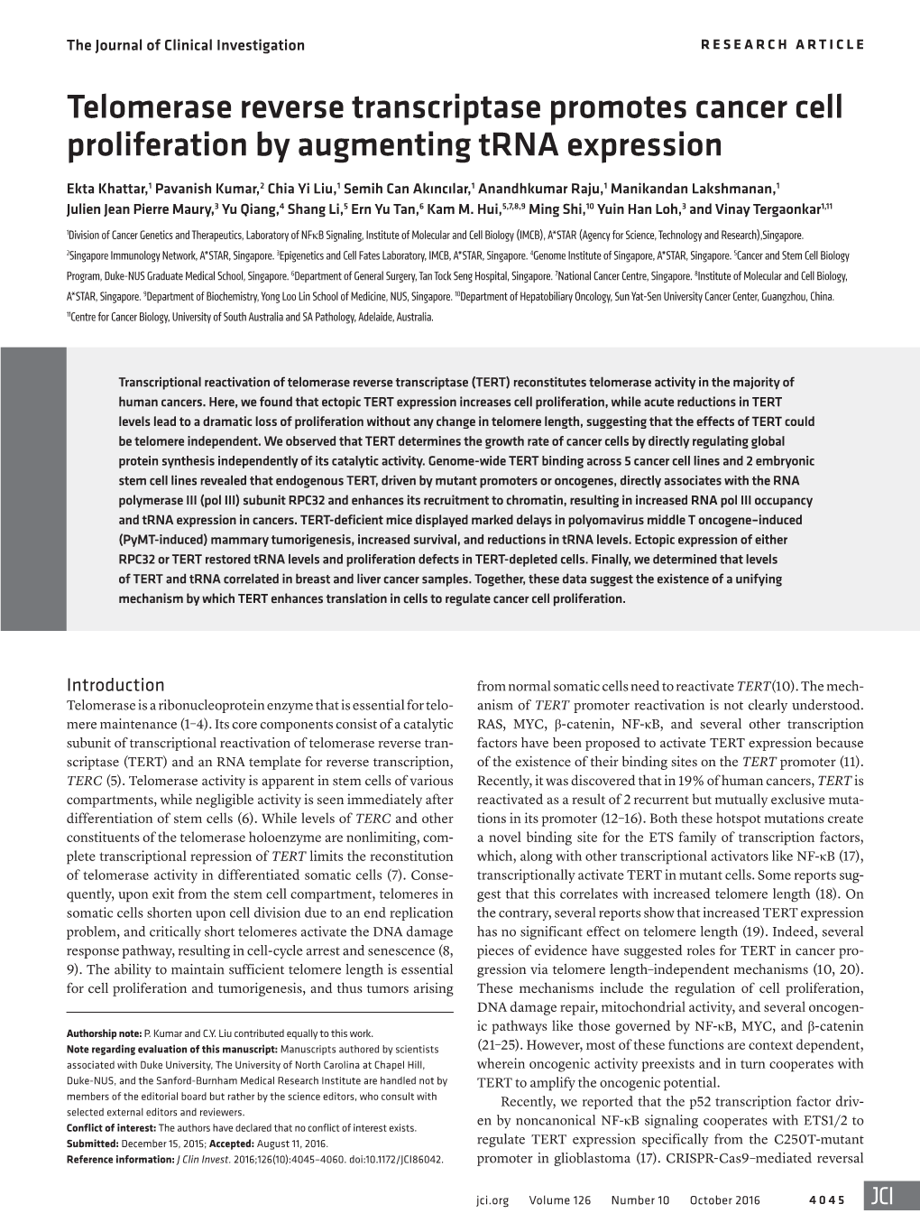 Telomerase Reverse Transcriptase Promotes Cancer Cell Proliferation by Augmenting Trna Expression