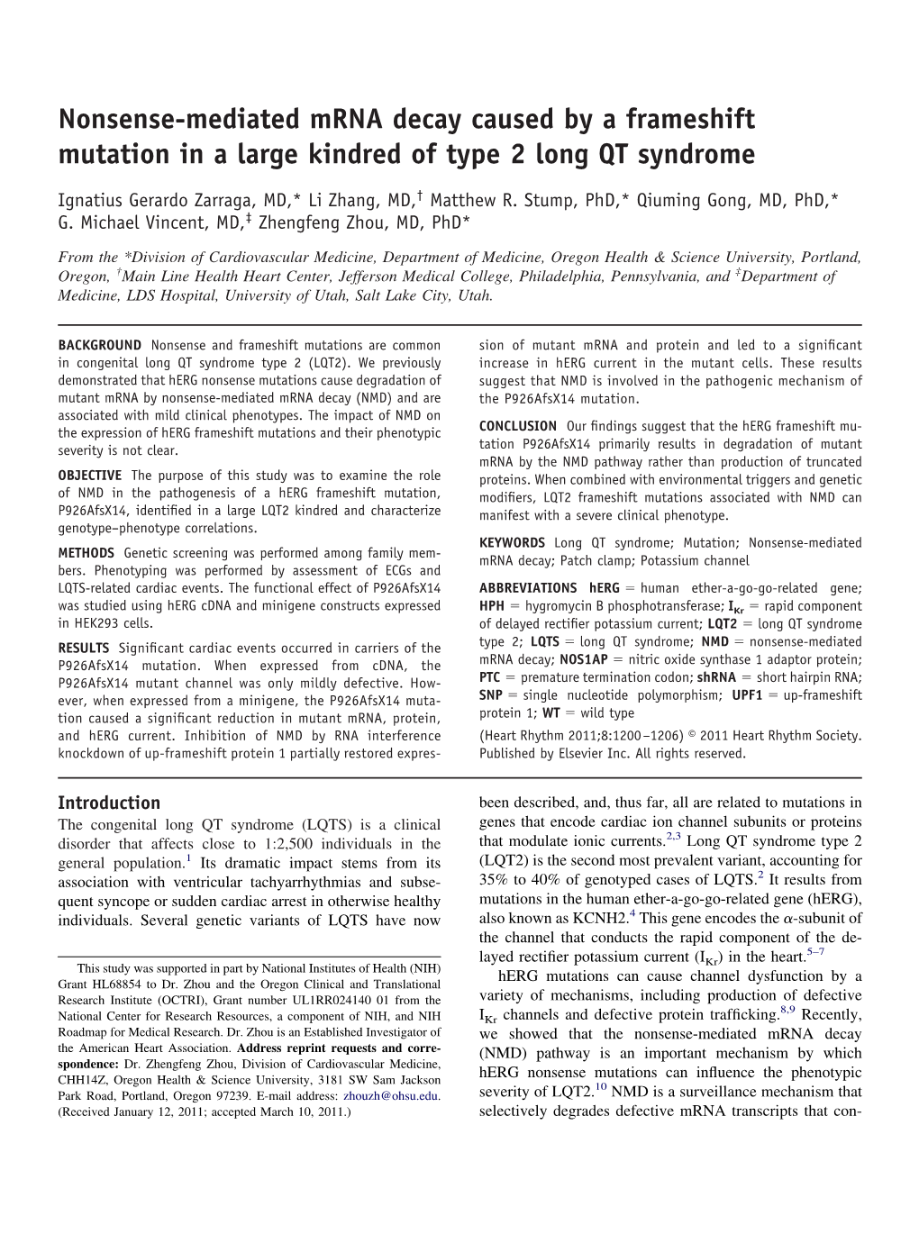 Nonsense-Mediated Mrna Decay Caused by a Frameshift Mutation in a Large Kindred of Type 2 Long QT Syndrome