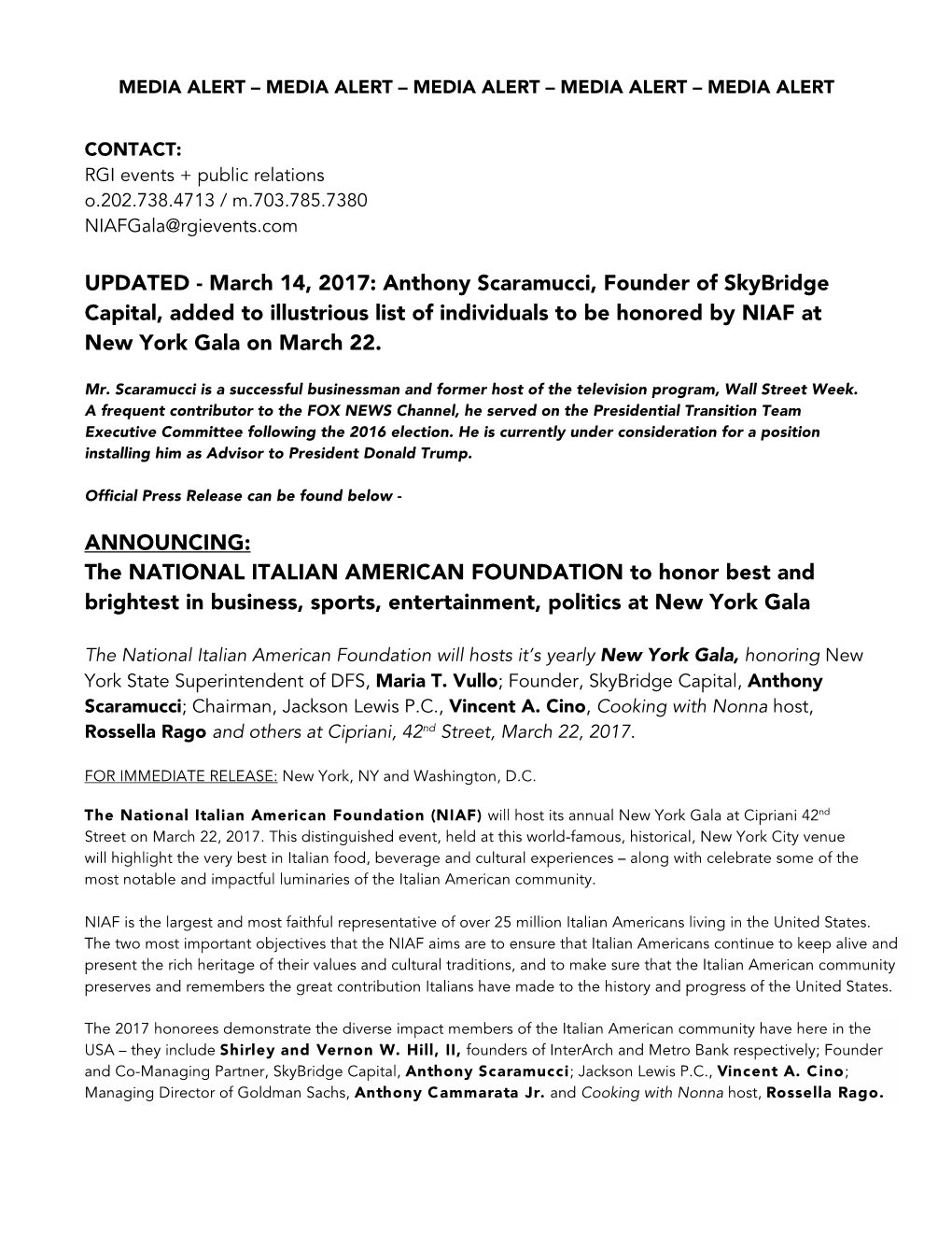 Anthony Scaramucci, Founder of Skybridge Capital, Added to Illustrious List of Individuals to Be Honored by NIAF at New York Gala on March 22