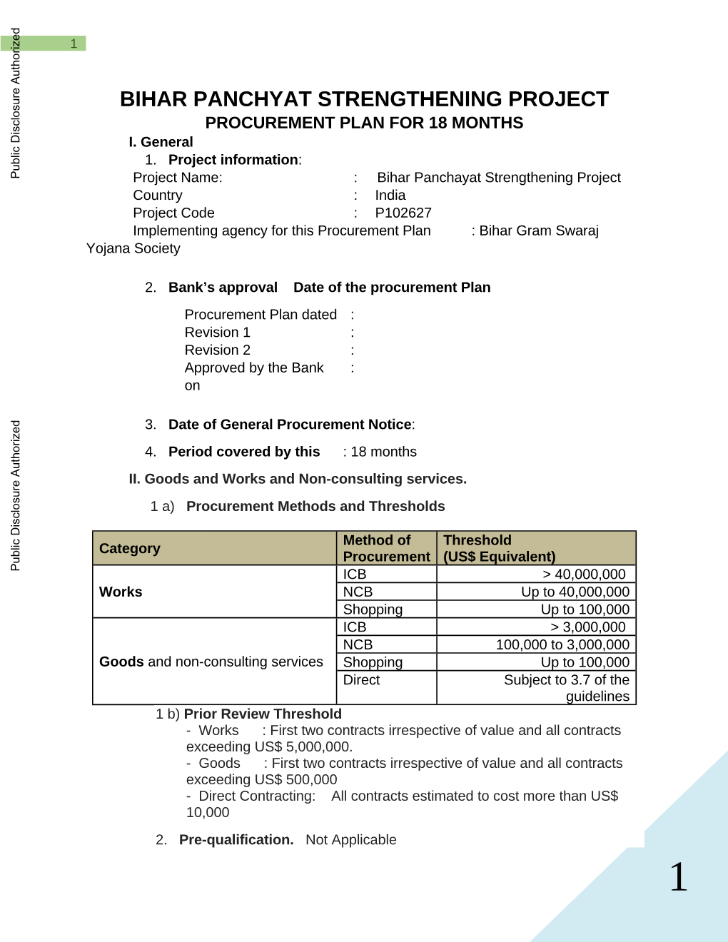 PROCUREMENT PLAN for Non Consultancy(DAVP Rate) [BIHAR PANCHAYAT STRENGTHENING PROJECT] WB LOAN No