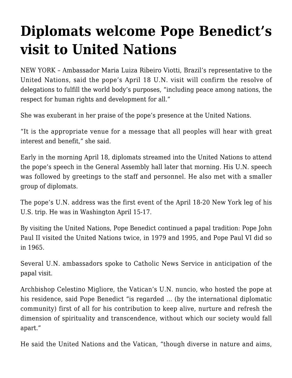 Diplomats Welcome Pope Benedict's Visit to United Nations