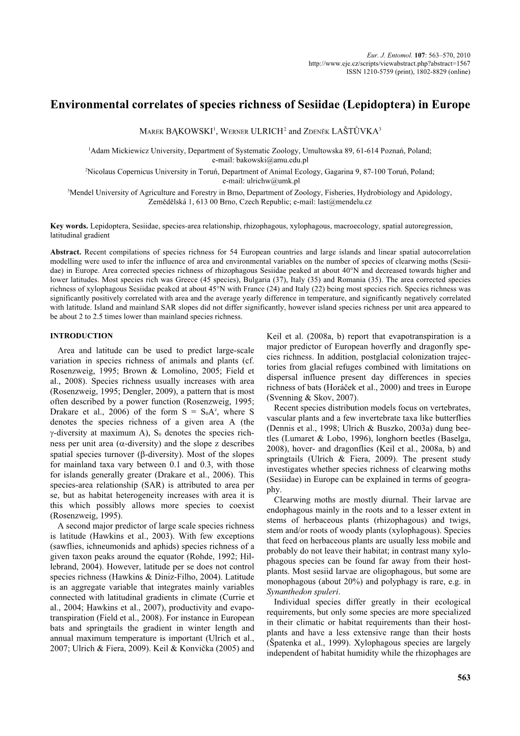 Environmental Correlates of Species Richness of Sesiidae (Lepidoptera) in Europe