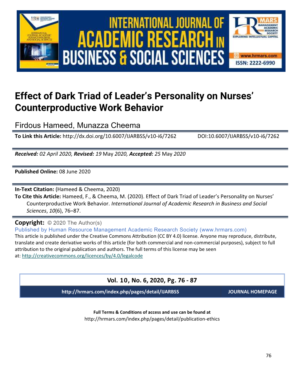 Effect of Dark Triad of Leader's Personality on Nurses