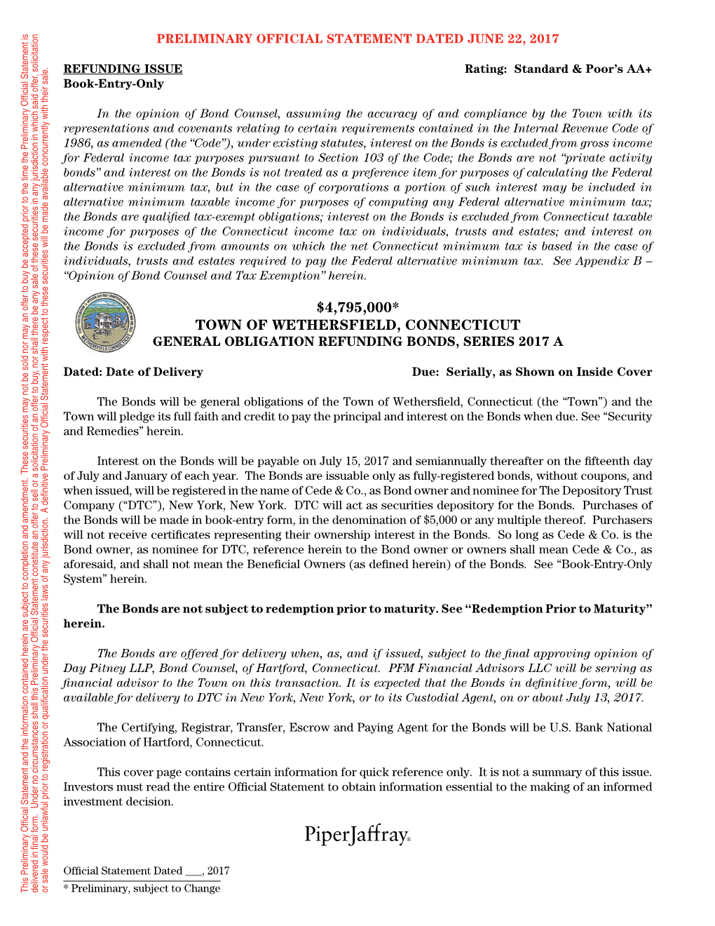 Town of Wethersfield, Connecticut General Obligation Refunding Bonds, Series 2017 A